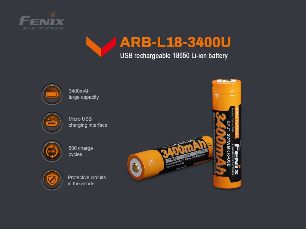 Fenix ARB-L18-3400U Battery 18650 Lithium Ion 3400 mAh USB Rechargeable Fenix ARB-L18-3400U adalah baterai lithium-ion 18650 berkapasitas tinggi 3400mAh yang dirancang khusus untuk penggunaan senter intensitas tinggi. Baterai ini dapat diisi ulang melalui port Micro USB bawaan atau pengisi daya eksternal. Dengan cangkang baja, baterai ini terlindung dari risiko hubungan pendek akibat benturan. Cocok untuk berbagai senter Fenix, ARB-L18-3400U menawarkan masa pakai hingga 500 siklus pengisian dan dilengkapi dengan perlindungan terhadap overcharge, over-discharge, dan panas berlebih.