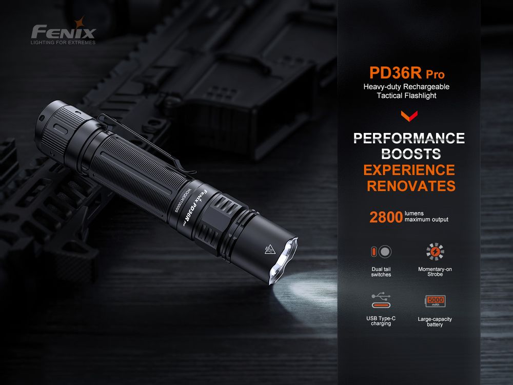 Fenix PD36R Pro 2800lm 380m Rechargeable Flashlight Senter LED Bundle Fenix MINI-LITE <b>Special offer bundle package Fenix PD36R Pro dengan Fenix MINI-LITE</b> Senter Fenix PD36R Pro adalah senter isi ulang berkinerja tinggi yang pasti akan mengejutkan anda. Dilengkapi dengan LED Luminus SFT70, senter ini menawarkan performa luar biasa dengan menghasilkan hingga 2800 lumens dan jarak jangkau 380 meter, semuanya dengan baterai 5000 mAh yang disertakan. Baterai berkapasitas tinggi ini dapat diisi ulang dengan mudah melalui port USB-C pada senter. Pengoperasian senter LED yang kuat ini sangat mudah dengan sakelar ekor ganda untuk nyala/mati sesaat, kemampuan untuk mengganti lima mode penerangan, dan aktivasi strobe instan. Selain itu, anda selalu dapat melihat status daya baterai dengan indikator level baterai eksternal. Daya dan waktu operasional yang terkandung dalam senter ini tidak tertandingi untuk ukurannya yang dapat digenggam. Dengan peringkat IP68, senter ini tahan debu dan air, menjadikannya alat penerangan serbaguna yang sempurna bagi mereka yang membutuhkan kecerahan maksimum dan waktu operasional yang lama.