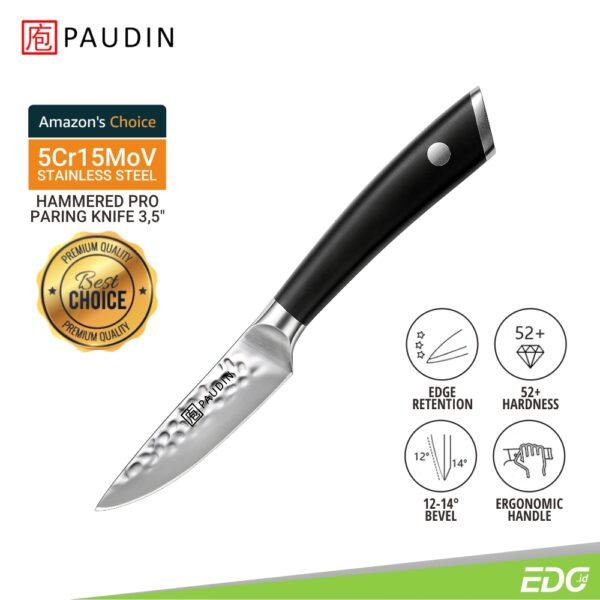 Pisau Dapur Paudin HP6 Hammered Pro Premium Kitchen Paring Knife 3,5 Inch 5Cr15MoV Stainless Steel Full Tang ABS Handle + Gift Box Pisau Dapur Paudin HP6 Hammered Pro Premium Kitchen Paring Knife 3,5 Inch 5Cr15MoV Stainless Steel ABS Handle + Gift Box <ul> <li>Sempurna untuk kerja detail: Pisau paring / pengupas 3,5" ini sangat bagus untuk pemotongan kecil dan presisi dengan kontrol penting. Ujung runcing memungkinkan anda membuat potongan rumit dan detail.</li> <li>Pisau premium: Menggunakan stainless steel 5Cr15Mov dengan kekerasan 52+ Rockwell, mencapai kinerja pemotongan dapur terbaik di antara semua baja pada umumnya, Memiliki ketahanan karat dan korosi yang baik. Sudut tepi 14 derajat membuat pisau buah menjadi sangat tajam. Pola hammered: Desain hammered khusus dapat mengurangi hambatan / gesekan dalam juga memberikan kepuasan visual yang indah dan elegan.</li> <li>Handle ergonomis: Dengan desain ergonomis, pegangan pegangan ABS premium menciptakan pegangan yang aman, nyaman dan memiliki keseimbangan sempurna untuk mengurangi ketegangan pada pergelangan tangan saat penggunaan.</li> </ul>