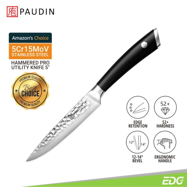 Pisau Dapur Paudin HP5 Hammered Pro Premium Kitchen Utility Knife 5 Inch 5Cr15MoV Stainless Steel Full Tang ABS Handle + Gift Box Pisau Dapur Paudin HP5 Hammered Pro Premium Kitchen Utility Knife 5 Inch 5Cr15MoV Stainless Steel ABS Handle + Gift Box <ul> <li>Perfect All-around: Pisau serba guna ini dirancang kecil agar lebih fleksibel dan ringan. Ini benar-benar pisau utilitas koki yang ideal untuk dapur. Dapat mengiris dan memotong semua jenis buah dan sayuran, dan dengan mudah menghilangkan lemak atau otot dari daging.</li> <li>Pisau Ultra Tajam: Pisau dapur dengan pisau 5 Inch terbuat dari stainless steel 5Cr15Mov dengan kekerasan 52+ Rockwell, dan tepi performa tinggi 14 derajat membuat pisau silet setajam saat memotong atau mengiris dengan mudah.</li> <li>Pola Hammered: Pisau yang dipoles cermin dan pola yang dipalu memberikan kepuasan visual yang indah dan elegan dan mencegah makanan menempel pada bilahnya.</li> <li>Pegangan Ergonomis: Dengan desain ergonomis, pegangan ABS premium bertatahkan paku keling menciptakan pegangan yang aman dan nyaman. Selain itu, pisau dapur kecil ini memiliki keseimbangan sempurna untuk mengurangi ketegangan pergelangan tangan.</li> </ul>