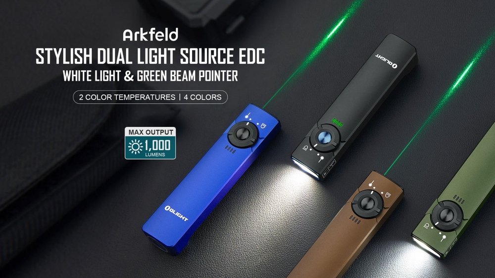 Olight Arkfeld OD Green 1000lm 101m CW + Green Laser Pointer Flashlight Senter LED Rechargeable Olight Arkfeld CW (Cool White 5700 – 6700K) is the first dual light source and portable EDC Flashlight at Olight. 5 brightness levels as well as a memory function that allow you to select what you like with one single click. An amazing max 1,000 lumens output is able to light up  every corner you can see. The green laser, a good helper when making a presentation or amusing your pets, is featured in the  flashlight as well. The creative switch design (Central Button & Selector) is both practical and beautiful. Besides, the magnetic  charging cable enables you to have it charged automatically. Last but not least, the flashlight is flat and features a clip, so it is easy  to carry (3.07oz in weight and 0.59in in thickness)—It can be clamped onto your pockets and shirts even without noticing its  existence. With great design plus multiple lighting functions, Arkfeld can be a second-to-none choice for EDC flashlight.