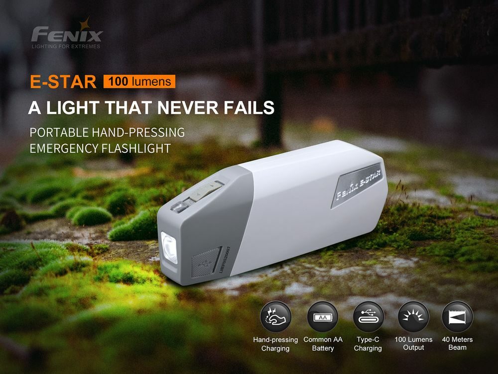 Fenix E-Star 100lm 40m Self-powered Emergency Rechargeable Flashlight Senter LED Fenix ​​​​E-star adalah portabel self-powered senter untuk keadaan darurat, termasuk area yang kekurangan pasokan listrik stabil dan area yang dilanda bencana; sebagai perlengkapan PSK/BOB gear, juga dapat digunakan sebagai senter cadangan untuk aktivitas luar ruangan. Fenix ​​E-STAR memiliki empat tingkat kecerahan yang berbeda. Mode med dan rendah dapat bekerja tanpa break dengan menekan pegangan secara manual. Mode tinggi dan turbo bertujuan untuk memberikan pengalaman pencahayaan yang lebih baik saat digunakan dengan baterai. Senter memungkinkan penggunaan saat mengisi daya, penekanan pada satu tangan untuk menghasilkan daya, yang mudah bahkan untuk pengoperasian lama. Sumber daya lain berasal dari baterai Ni-MH self-discharge rendah yang disertakan, baterai AA alkaline umum juga dapat digunakan pada unit senter. Fenix E-star mendukung pengisian dengan USB Type-c, dengan built-in super capacitor, ini membantu penyimpanan energi dan buffering saat baterai rusak atau hilang.