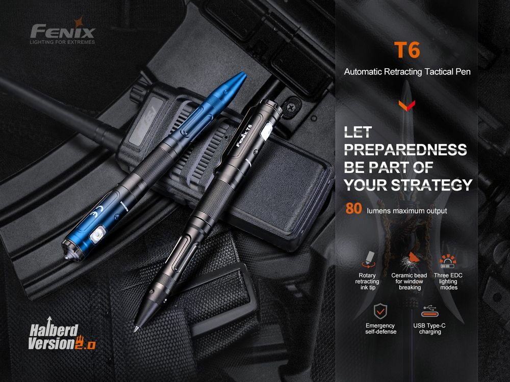 Fenix T6 Blue 80lm 18m Tactical Penlight Rechargeable Flashlight Senter LED Fenix ​​​​T6 Tactical Penlight Black adalah pena taktis pertahanan diri yang multifungsi, dapat juga digunakan sebagai senter penerangan, alat untuk memecahkan kaca, dan menulis. Kecerahan output maksimumnya mencapai 80 lumens, dan sudah mendukung pengisian daya Tipe-C. Pena tangguh ini memiliki ceramic bead yang dapat memecahkan kaca dan membantu menyelamatkan diri dari keadaan emergency. Di dalam setiap pena terdapat kartrid pena Schmidt untuk pengalaman penulisan yang mulus dan mudah. Seperti yang Anda harapkan, pena alat tulis yang kokoh dan berkinerja tinggi dan tangguh ini, memberi anda keuntungan pada situasi taktis, maupun dalam situasi darurat.