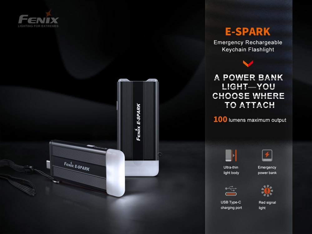 Fenix E-Spark 100lm 30m Emergency Powerbank Rechargeable Flashlight Senter LED Fenix ​​E-Spark adalah senter gantungan kunci yang dapat diisi ulang dengan fungsi power bank. Dilengkapi dengan built-in baterai 800mAh, menghasilkan output maksimum 100 lumens. Isi ulang baterai melalui port pengisian daya USB Type-C saat anda membutuhkan penerangan konstan, dan senter ini juga mampu mengisi daya ponsel anda untuk keadaan darurat. Dilengkapi fungsi cahaya output merah dan merah flashing untuk memberi sinyal. Sertakan senter ini di kunci anda, di saku, atau laci agar selalu berada di dekat anda.