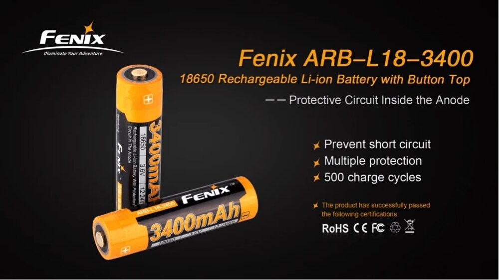 Fenix ARB-L18-3400 Battery 18650 3400 mAh Lithium Ion Rechargeable Fenix ARB-L18-3400 memiliki rangkaian sirkuit perlindungan battery terletak di anode dilapisi dengan plat steel dengan proses riveting. Sehingga Fenix ARB-L18-3400 dapat sepenuhnya ditutupi dengan selubung plat steel dan menghilangkan potensi risiko korsleting yang disebabkan oleh tabrakan dan benturan.
