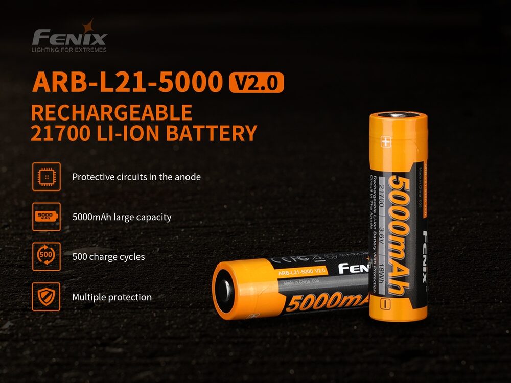 Fenix ARB-L21-5000 V2.0 Battery 21700 5000mAh Lithium Ion Rechargeable Fenix ARB-L21-5000 v2.0 21700 baterai Li-ion yang dapat diisi ulang, daya yang cukup, kinerja mantap, kapasitas baterai 21700 dua kali lebih kuat dari baterai 18650 / 2300mAh yang umum. Yang menyediakan alat pencahayaan dengan daya yang cukup dan durasi yang lebih lama. Perlindungan berganda, memastikan keamanan penggunaan dan kinerja baterai yang baik; Teknologi memukau steel shell, sepenuhnya melindungi baterai terhadap kerusakan; Ventilasi pelepas tekanan, mengeluarkan gas internal dengan cepat.  
