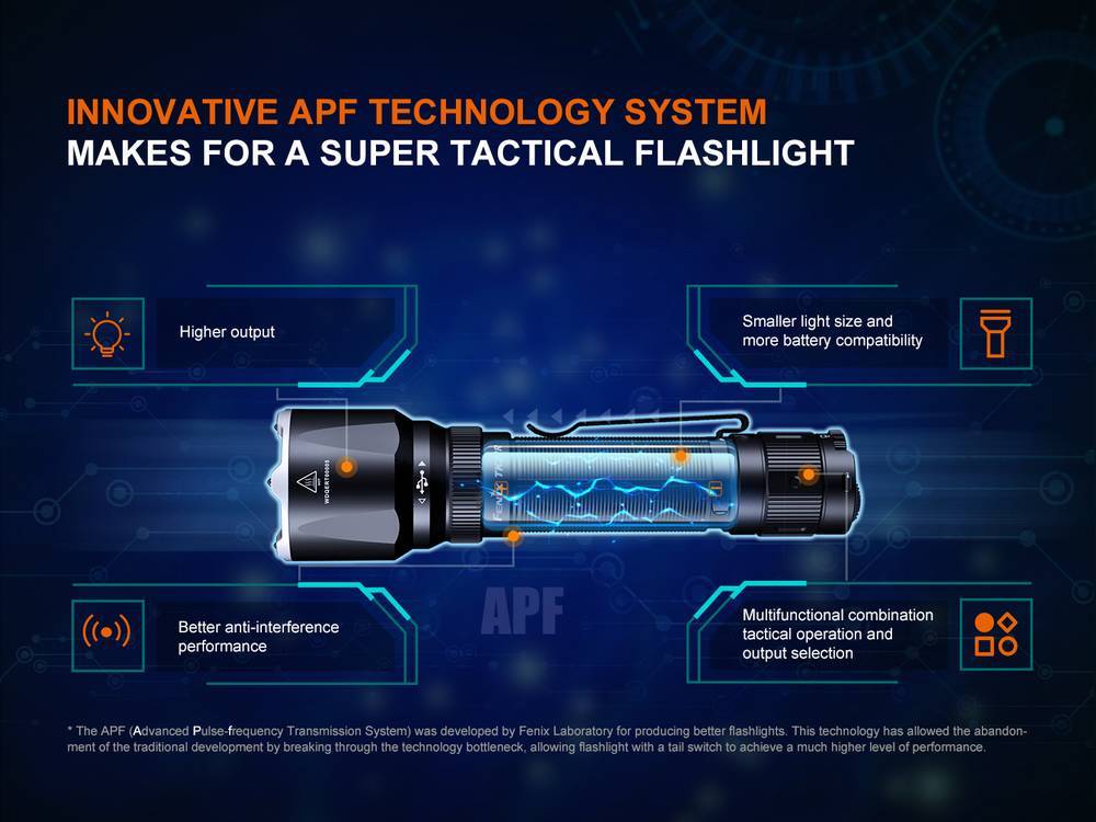 Fenix TK22R 3200lm 480m Rechargeable Tactical Flashlight Senter LED Fenix ​​TK22R adalah senter taktis professional yang berperforma tinggi. Didukung oleh satu baterai berkapasitas besar 5000mAh, senter ini menghasilkan output maksimal 3200 lumens dan jarak pancaran maksimal hingga 480 meter. Pengoperasian senter dengan cepat dan mudah untuk ON/OFF atau memilih mode yang diperlukan dengan menggunakan Kontrol FlexiSensa yang dipatenkan dan sakelar taktis fungsi ganda. Mode OFF/LOCK dapat mencegah aktivasi yang tidak disengaja. Bodi ringkas dengan bezel baja tahan karat dan dilengkapi tiga tungsten carbide balls adalah desain sempurna untuk aktivitas penegakan hukum, keamanan, dan pertahanan.