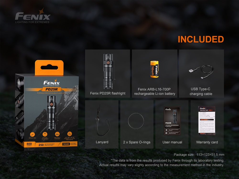 Fenix PD25R Sierra Green 800lm 250m Rechargeable Flashlight Senter LED Senter Fenix ​​​​PD25R Sierra Green adalah senter portabel dengan port pengisian Tipe-C yang tersembunyi. PD25R menghasilkan output maksimum 800 lumens dan jarak cahaya hingga 250 meter. PD25R ditenagai oleh satu baterai Li-ion 16340 yang dapat diisi ulang (termasuk) atau dapat beroperasi dengan baterai Lithium CR123A sekali pakai. Indikator level baterai boot-up memungkinkan anda selalu mengetahui status baterai. Nyala/mati dan nyalakan sesaat diaktifkan dengan sakelar ekor taktis dan enam mode pencahayaan dipilih dengan sakelar samping termasuk mode strobo. Bawa Fenix ​​​​PD25R sesuai keinginan anda, di ransel, ikat pinggang, atau sistem MOLLE dengan klip bodi dua arah. Ringkas dan kokoh dengan peringkat tahan debu dan tahan air IP68, senter ini sangat cocok untuk hampir semua aktivitas luar ruangan atau pekerjaan.