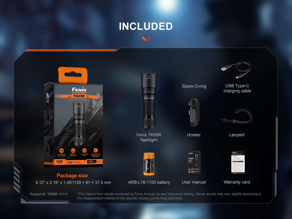 Fenix TK05R 1000lm 450m Rechargeable Tactical EDC Flashlight Senter LED Fenix TK05R adalah senter compact dengan candela tinggi, menggunakan parabolic reflector, yang dirancang dengan presisi. Desain senter menghasilkan sinar output yang terkonsentrasi dan terfokus tajam, dioptimalkan untuk visibilitas jarak jauh yang luar biasa, baik dalam kondisi cahaya sekitar yang gelap atau menembus penghalang optik seperti kaca film. Senter ini dapat memfasilitasi pencahayaan untuk identifikasi potensi ancaman secara cepat dan tepat. Dilengkapi dengan baterai 1100mAh yang dapat diisi ulang, senter Fenix TK05R ini dilengkapi port pengisian yang menggunakan kabel USB Type-C yang disertakan. Memiliki peringkat IP68 dan konstruksi bahan bodi aluminium A6061-T6 yang kokoh. Pancaran output cahaya yang terfokus sangat bermanfaat untuk mengamati obyek jarak jauh, meminimalkan pantulan cahaya ke arah pengguna, sehingga menjaga penglihatan pada malam hari. Fenix TK05R dapat memberikan kinerja pencahayaan yang handal di beragam skenario.