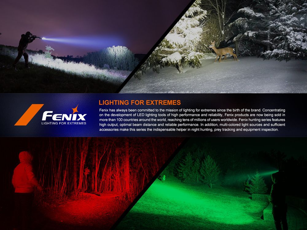 Fenix HT32 2500lm 640m White / Red / Green Senter LED Hunting Flashlight Berburu Fenix ​​HT32 adalah senter tangan yang dirancang khusus untuk kebutuhan penerangan aktivitas berburu. Dengan output maksimum 2500 lumens dan jarak pencahayaan yang mengesankan hingga 640 meter, senter ini memberikan visibilitas luar biasa bahkan pada jarak yang jauh. Dilengkapi dengan lampu LED output cahaya white, merah dan hijau berdaya tinggi, Fenix HT32 memberikan pilihan pencahayaan optimal untuk berbagai skenario berburu. Teknologi lensa TIR tiga sumber cahaya yang dipatenkan memungkinkan pencahayaan tiga warna serbaguna dalam bentuk unit yang ringkas. Didukung oleh baterai lithium-ion tunggal 21700 yang dapat diisi ulang, Fenix HT32 menawarkan empat tingkat kecerahan dalam mode cahaya putih, yang secara efektif menyeimbangkan kebutuhan kecerahan dan masa pakai baterai. Dengan peringkat tahan air IP68 dan desain sakelar ekor taktis, senter ini dibuat untuk tahan terhadap kondisi luar ruang. Fenix ​​HT32 adalah solusi kebutuhan pencahayaan anda, memberikan penerangan jarak jauh yang handal untuk berburu, eksplorasi luar ruangan, dan banyak lagi.