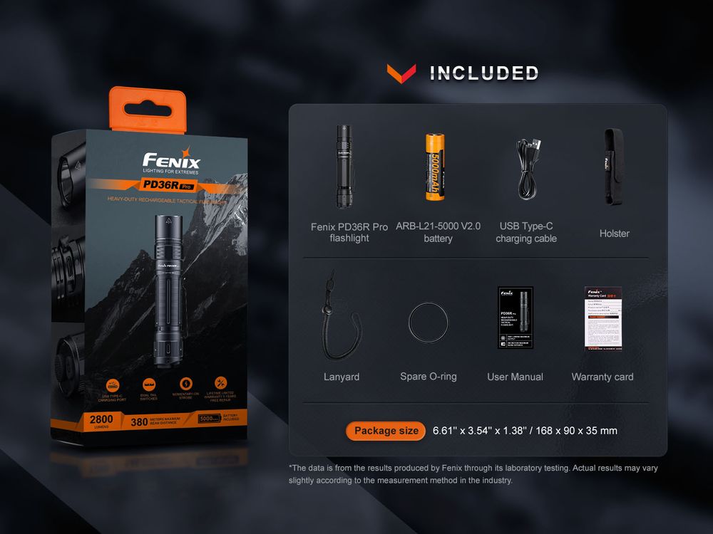Fenix PD36R Pro 2800lm 380m Rechargeable Flashlight Senter LED Bundle Fenix MINI-LITE <b>Special offer bundle package Fenix PD36R Pro dengan Fenix MINI-LITE</b> Senter Fenix PD36R Pro adalah senter isi ulang berkinerja tinggi yang pasti akan mengejutkan anda. Dilengkapi dengan LED Luminus SFT70, senter ini menawarkan performa luar biasa dengan menghasilkan hingga 2800 lumens dan jarak jangkau 380 meter, semuanya dengan baterai 5000 mAh yang disertakan. Baterai berkapasitas tinggi ini dapat diisi ulang dengan mudah melalui port USB-C pada senter. Pengoperasian senter LED yang kuat ini sangat mudah dengan sakelar ekor ganda untuk nyala/mati sesaat, kemampuan untuk mengganti lima mode penerangan, dan aktivasi strobe instan. Selain itu, anda selalu dapat melihat status daya baterai dengan indikator level baterai eksternal. Daya dan waktu operasional yang terkandung dalam senter ini tidak tertandingi untuk ukurannya yang dapat digenggam. Dengan peringkat IP68, senter ini tahan debu dan air, menjadikannya alat penerangan serbaguna yang sempurna bagi mereka yang membutuhkan kecerahan maksimum dan waktu operasional yang lama.