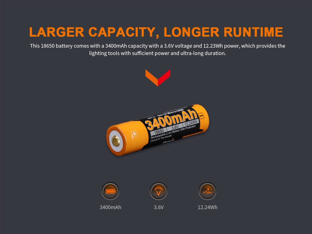 Fenix ARB-L18-3400U Battery 18650 Lithium Ion 3400 mAh USB Rechargeable Fenix ARB-L18-3400U adalah baterai lithium-ion 18650 berkapasitas tinggi 3400mAh yang dirancang khusus untuk penggunaan senter intensitas tinggi. Baterai ini dapat diisi ulang melalui port Micro USB bawaan atau pengisi daya eksternal. Dengan cangkang baja, baterai ini terlindung dari risiko hubungan pendek akibat benturan. Cocok untuk berbagai senter Fenix, ARB-L18-3400U menawarkan masa pakai hingga 500 siklus pengisian dan dilengkapi dengan perlindungan terhadap overcharge, over-discharge, dan panas berlebih.