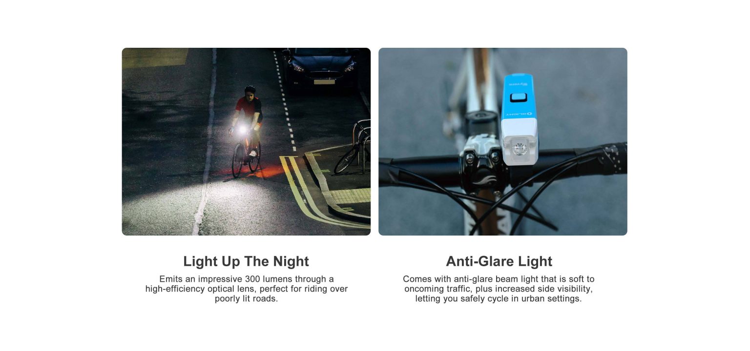 Olight Wyvern Blue 300lm Rechargeable Bike Lights Lampu Sepeda Olight Wyvern adalah lampu sepeda isi ulang yang bergaya dan sporty, cocok untuk bersepeda di kota maupun di pedesaan, serta bersepeda ringan di off-road. Wyvern menghasilkan output cahaya maksimum sebesar 300 lumens, dengan lensa bebas silau yang memastikan sinar tidak menyilaukan lalu lintas yang datang. Lebar sinar lembut di arah vertikal dimaksimalkan oleh lekukan di tepi lensa, memungkinkan cahaya diarahkan lebih ke samping. Desain lensa ini mengoptimalkan sinar Wyvern agar seaman mungkin, baik saat bersepeda di lalu lintas maupun di malam yang gelap: sinar lebar memastikan jalur sepeda terang dengan baik dan lensa bebas silau menjamin lingkungan yang aman bagi pengguna jalan lainnya. Dirancang untuk kemudahan penggunaan, Olight Wyvern hanya memiliki tiga mode daya dan dua fungsi kedip. Mode daya dapat diubah dengan menekan tombol daya pada bodi lampu, sehingga pengaturan dapat diubah bahkan saat berkendara. Lampu ini dilengkapi dengan dudukan silikon yang dapat dipasang pada hampir semua setang berkat lubang penjepit pada pemegangnya. Lampu ini beroperasi dengan baterai li-ion 2000 mAh bawaan, yang menyediakan waktu nyala hingga 3,5 jam pada mode daya maksimum. Pada mode daya terendah, waktu operasi baterai diperpanjang hingga 11,5 jam, menjadikan Wyvern tidak hanya mitra yang baik untuk perjalanan sehari-hari, tetapi juga untuk perjalanan yang sedikit lebih lama. Lampu ini dilindungi terhadap hujan dan percikan air sesuai dengan kelas perlindungan IPX4. Olight Wyvern mengisi daya dengan cepat dari kosong hingga penuh hanya dalam 2,5 jam dengan kabel pengisian USB-C yang disertakan.
