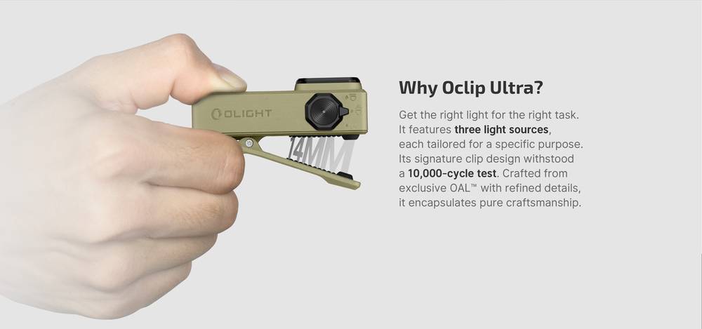 Olight Oclip Ultra Navy Blue 530lm Rechargeable Senter Mini LED Flashlight OAL Floodlight + Spotlight + UV LED Olight Oclip Pro adalah lampu klip pertama dari Olight yang menghadirkan cahaya floodlight, spotlight, dan cahaya merah, dirancang untuk memenuhi beragam kebutuhan pengguna. Kompak dan mudah dibawa, menawarkan tiga opsi pemasangan: klip, gantungan, dan magnet. Klip ini dapat menahan objek hingga 14 mm tebal dan telah menjalani 10000 uji buka-tutup. Magnet kuat memungkinkan lampu ini menempel stabil pada permukaan besi, dengan sudut pencahayaan yang dapat disesuaikan. Peningkatan signifikan mencakup lampu sorot dengan jangkauan 120 meter dan lampu floodlight 500 lumens yang terang, disertai lampu Cahaya merah 40 lumens. Pergantian mode cepat dan mudah dengan saklar rotari baru. Dalam keadaan darurat, pengguna dapat mengaktifkan mode Beacon atau Red Blink, dengan mode Beacon bertahan hingga 24 jam. Dilengkapi dengan baterai besar 580 mAh, Oclip Pro menawarkan waktu nyala hingga 144 jam. Penutup dari logam dan ketahanan air IPX6 memastikan performa andal, bahkan saat port pengisian terbuka.