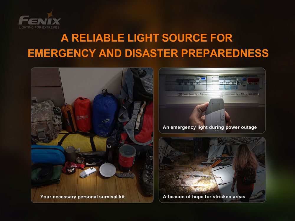 Fenix E-Star 100lm 40m Self-powered Emergency Rechargeable Flashlight Senter LED Fenix ​​​​E-star adalah portabel self-powered senter untuk keadaan darurat, termasuk area yang kekurangan pasokan listrik stabil dan area yang dilanda bencana; sebagai perlengkapan PSK/BOB gear, juga dapat digunakan sebagai senter cadangan untuk aktivitas luar ruangan. Fenix ​​E-STAR memiliki empat tingkat kecerahan yang berbeda. Mode med dan rendah dapat bekerja tanpa break dengan menekan pegangan secara manual. Mode tinggi dan turbo bertujuan untuk memberikan pengalaman pencahayaan yang lebih baik saat digunakan dengan baterai. Senter memungkinkan penggunaan saat mengisi daya, penekanan pada satu tangan untuk menghasilkan daya, yang mudah bahkan untuk pengoperasian lama. Sumber daya lain berasal dari baterai Ni-MH self-discharge rendah yang disertakan, baterai AA alkaline umum juga dapat digunakan pada unit senter. Fenix E-star mendukung pengisian dengan USB Type-c, dengan built-in super capacitor, ini membantu penyimpanan energi dan buffering saat baterai rusak atau hilang.