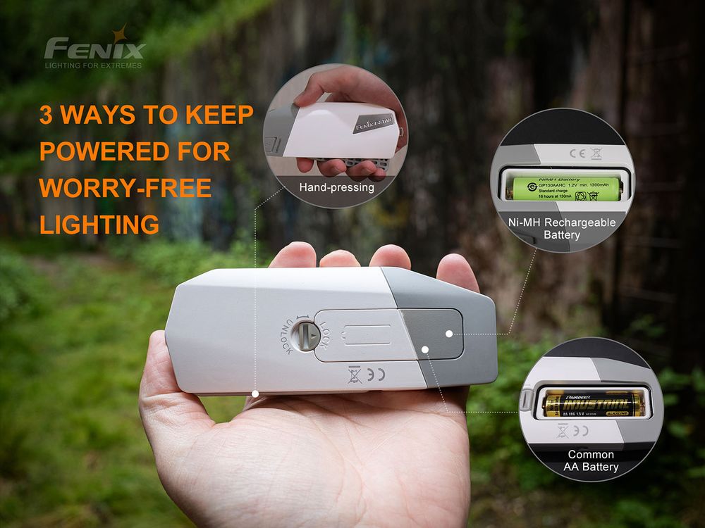 Fenix E-Star 100lm 40m Self-powered Emergency Rechargeable Flashlight Senter LED Fenix ​​​​E-star adalah portabel self-powered senter untuk keadaan darurat, termasuk area yang kekurangan pasokan listrik stabil dan area yang dilanda bencana; sebagai perlengkapan PSK/BOB gear, juga dapat digunakan sebagai senter cadangan untuk aktivitas luar ruangan. Fenix ​​E-STAR memiliki empat tingkat kecerahan yang berbeda. Mode med dan rendah dapat bekerja tanpa break dengan menekan pegangan secara manual. Mode tinggi dan turbo bertujuan untuk memberikan pengalaman pencahayaan yang lebih baik saat digunakan dengan baterai. Senter memungkinkan penggunaan saat mengisi daya, penekanan pada satu tangan untuk menghasilkan daya, yang mudah bahkan untuk pengoperasian lama. Sumber daya lain berasal dari baterai Ni-MH self-discharge rendah yang disertakan, baterai AA alkaline umum juga dapat digunakan pada unit senter. Fenix E-star mendukung pengisian dengan USB Type-c, dengan built-in super capacitor, ini membantu penyimpanan energi dan buffering saat baterai rusak atau hilang.