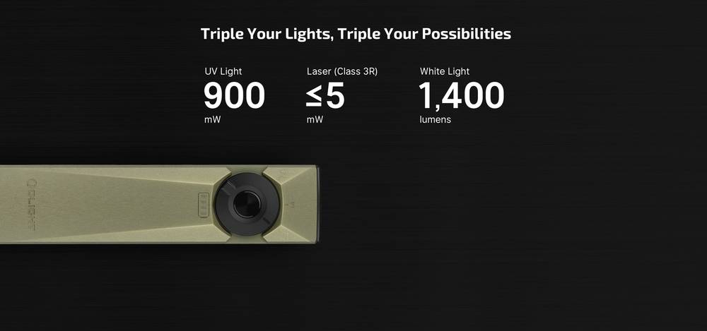 Olight Arkfeld Ultra Navy Blue CW 1400lm Rechargeable Flashlight Senter LED+ UV+ Green Laser Olight Arkfeld Ultra terbuat dari O-aluminium, bahan eksklusif yang ditemukan oleh Olight yang dua kali lebih keras dari paduan aluminium 6061 standar, menawarkan ketahanan aus dan gores yang luar biasa untuk penggunaan sehari-hari. Didesain dengan garis-garis angular dan tepi yang tegas, senter ini memiliki tampilan unik dan mencolok. Dilengkapi dengan cahaya cool white max 1400 lumens, sinar laser hijau (class 3R), dan cahaya UV, semuanya mudah diakses dengan sakelar pemilih. Dari presentasi hingga pemeriksaan kebersihan, tiga lampu Arkfeld Ultra sangat cocok untuk kebutuhan anda. Selain itu, desain ramping dan klip saku dua arah membuat lampu yang ditingkatkan ini ideal untuk bepergian atau bekerja. Serbaguna dan sangat tangguh, Arkfeld Ultra adalah pilihan terbaik untuk peralatan EDC.