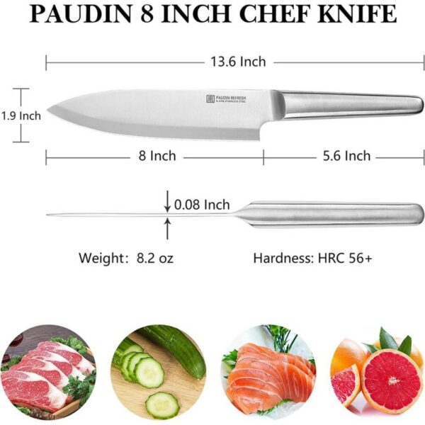 Pisau Dapur Paudin R1 Premium Kitchen Chef Knife 8 Inch 1.4116 Stainless Steel Stainless Steel Handle + Gift Box Pisau Dapur Paudin R1 Premium Kitchen Chef Knife 8 Inch 1.4116 Stainless Steel Stainless Steel Handle + Gift Box <strong>SWEDEN DESIGN:</strong> This chef's knife is designed from the Scandinavian concept-beautiful function, it combines the Japanese blade technology and forge the blade at high quality. <strong>SUPER-SHARP EDGE:</strong> This kitchen knife is made from 1.4116 high carbon steel, the Rockwell hardness is up to 56 degrees, make the edge cutting smooth. <strong>HOLLOW HANDLE:</strong> The handle of this chef’s knives are hollow handle, it is not only ergonomic but light as while work at kitchen.