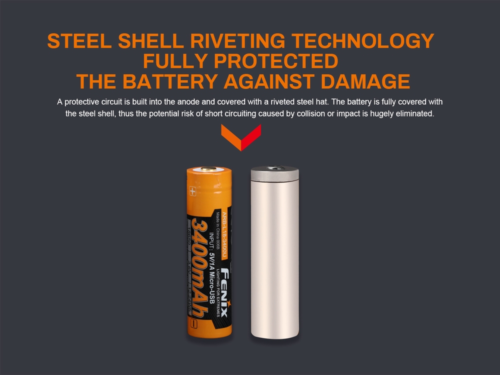 Fenix ARB-L18-3400U Battery 18650 Lithium Ion 3400 mAh USB Rechargeable Fenix ARB-L18-3400U adalah baterai lithium-ion 18650 berkapasitas tinggi 3400mAh yang dirancang khusus untuk penggunaan senter intensitas tinggi. Baterai ini dapat diisi ulang melalui port Micro USB bawaan atau pengisi daya eksternal. Dengan cangkang baja, baterai ini terlindung dari risiko hubungan pendek akibat benturan. Cocok untuk berbagai senter Fenix, ARB-L18-3400U menawarkan masa pakai hingga 500 siklus pengisian dan dilengkapi dengan perlindungan terhadap overcharge, over-discharge, dan panas berlebih.
