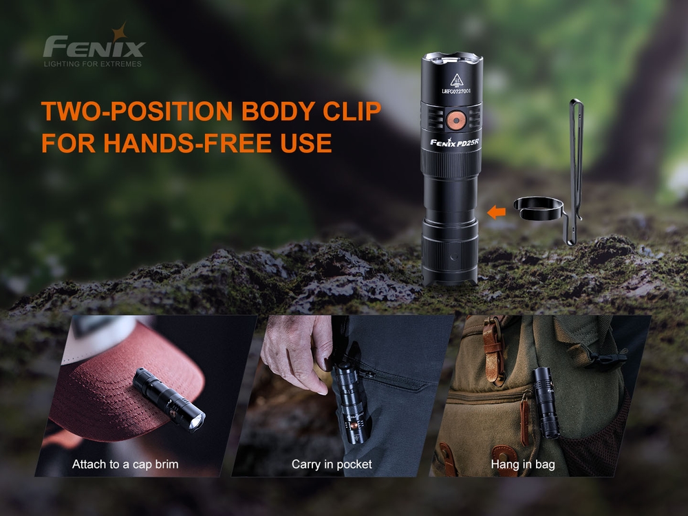 Fenix PD25R Sierra Green 800lm 250m Rechargeable Flashlight Senter LED Senter Fenix ​​​​PD25R Sierra Green adalah senter portabel dengan port pengisian Tipe-C yang tersembunyi. PD25R menghasilkan output maksimum 800 lumens dan jarak cahaya hingga 250 meter. PD25R ditenagai oleh satu baterai Li-ion 16340 yang dapat diisi ulang (termasuk) atau dapat beroperasi dengan baterai Lithium CR123A sekali pakai. Indikator level baterai boot-up memungkinkan anda selalu mengetahui status baterai. Nyala/mati dan nyalakan sesaat diaktifkan dengan sakelar ekor taktis dan enam mode pencahayaan dipilih dengan sakelar samping termasuk mode strobo. Bawa Fenix ​​​​PD25R sesuai keinginan anda, di ransel, ikat pinggang, atau sistem MOLLE dengan klip bodi dua arah. Ringkas dan kokoh dengan peringkat tahan debu dan tahan air IP68, senter ini sangat cocok untuk hampir semua aktivitas luar ruangan atau pekerjaan.
