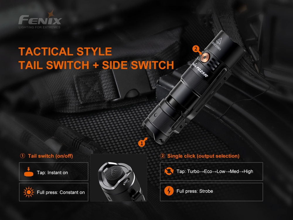 Fenix PD25R Sierra Green 800lm 250m Rechargeable Flashlight Senter LED Senter Fenix ​​​​PD25R Sierra Green adalah senter portabel dengan port pengisian Tipe-C yang tersembunyi. PD25R menghasilkan output maksimum 800 lumens dan jarak cahaya hingga 250 meter. PD25R ditenagai oleh satu baterai Li-ion 16340 yang dapat diisi ulang (termasuk) atau dapat beroperasi dengan baterai Lithium CR123A sekali pakai. Indikator level baterai boot-up memungkinkan anda selalu mengetahui status baterai. Nyala/mati dan nyalakan sesaat diaktifkan dengan sakelar ekor taktis dan enam mode pencahayaan dipilih dengan sakelar samping termasuk mode strobo. Bawa Fenix ​​​​PD25R sesuai keinginan anda, di ransel, ikat pinggang, atau sistem MOLLE dengan klip bodi dua arah. Ringkas dan kokoh dengan peringkat tahan debu dan tahan air IP68, senter ini sangat cocok untuk hampir semua aktivitas luar ruangan atau pekerjaan.
