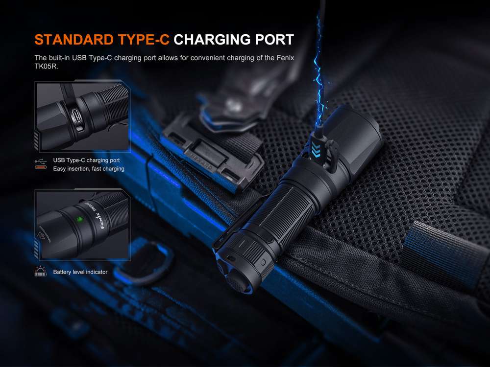 Fenix TK05R 1000lm 450m Rechargeable Tactical EDC Flashlight Senter LED Fenix TK05R adalah senter compact dengan candela tinggi, menggunakan parabolic reflector, yang dirancang dengan presisi. Desain senter menghasilkan sinar output yang terkonsentrasi dan terfokus tajam, dioptimalkan untuk visibilitas jarak jauh yang luar biasa, baik dalam kondisi cahaya sekitar yang gelap atau menembus penghalang optik seperti kaca film. Senter ini dapat memfasilitasi pencahayaan untuk identifikasi potensi ancaman secara cepat dan tepat. Dilengkapi dengan baterai 1100mAh yang dapat diisi ulang, senter Fenix TK05R ini dilengkapi port pengisian yang menggunakan kabel USB Type-C yang disertakan. Memiliki peringkat IP68 dan konstruksi bahan bodi aluminium A6061-T6 yang kokoh. Pancaran output cahaya yang terfokus sangat bermanfaat untuk mengamati obyek jarak jauh, meminimalkan pantulan cahaya ke arah pengguna, sehingga menjaga penglihatan pada malam hari. Fenix TK05R dapat memberikan kinerja pencahayaan yang handal di beragam skenario.
