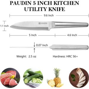 Pisau Dapur Paudin R4 Premium Kitchen Utility Knife 5 Inch 1.4116 Stainless Steel Stainless Steel Handle + Gift Box Pisau Dapur Paudin R4 Premium Kitchen Utility Knife 5 Inch 1.4116 Stainless Steel Stainless Steel Handle + Gift Box <strong>High Carbon Steel:</strong> This utility knife is made of 1.4116 stainless steel with 56+ Rockwell hardness. It is rust-resistance, durable and long lasting on quality. <strong>Ultra Sharp Blade:</strong> The double-bevel edge with 15 degrees for best sharpness and edge retention. The blade is wide at 1.18 inch which makes cutting more effortless and comfortable. It is non-sticking and easy to clean. Ergonomic Hollow Handle: The handle of the fruit knife is ergonomic, maintaining the perfect balance at pinch point, it is comfortable and effortless as while using. <strong>Swedish Design:</strong> The kitchen knife was designed by the Swedish. The style is modern and simplicity.