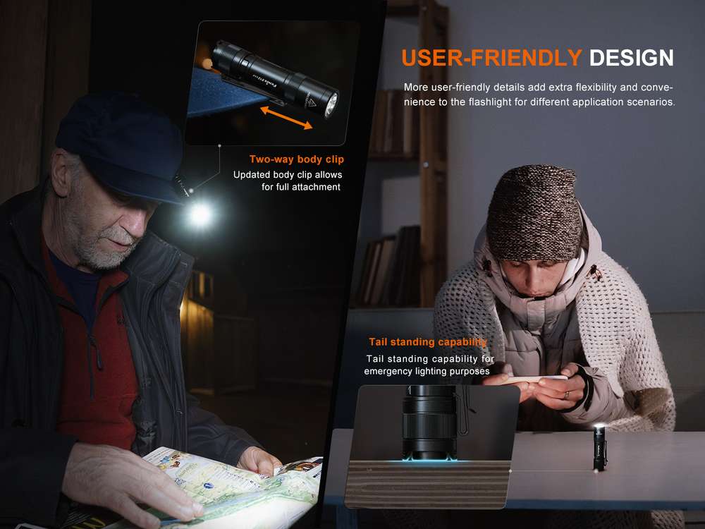 Fenix E12 V3.0 200lm 78m Flashlight Senter Mini LED Fenix ​​E12 V3.0 adalah senter EDC portabel yang ringan. Ditenagai oleh satu baterai AA, senter ini memiliki output maksimum 200 lumens dan dapat memancarkan sinar hingga 78 meter, untuk memenuhi kebutuhan pencahayaan anda. Daya baterai tidak akan dikonsumsi dalam status siaga / standby, yang menyediakan daya yang cukup untuk setiap penggunaan. Pocket clip dua arah dan ekor magnetis memungkinkan penggunaan yang nyaman dan bebas genggam. Fitur tambahan mencakup kemampuan tail standing dan perlindungan berperingkat IP68. Baik Anda sedang bekerja atau bepergian, Fenix ​​E12 V3.0 akan selalu ada untuk menerangi aktivitas anda.