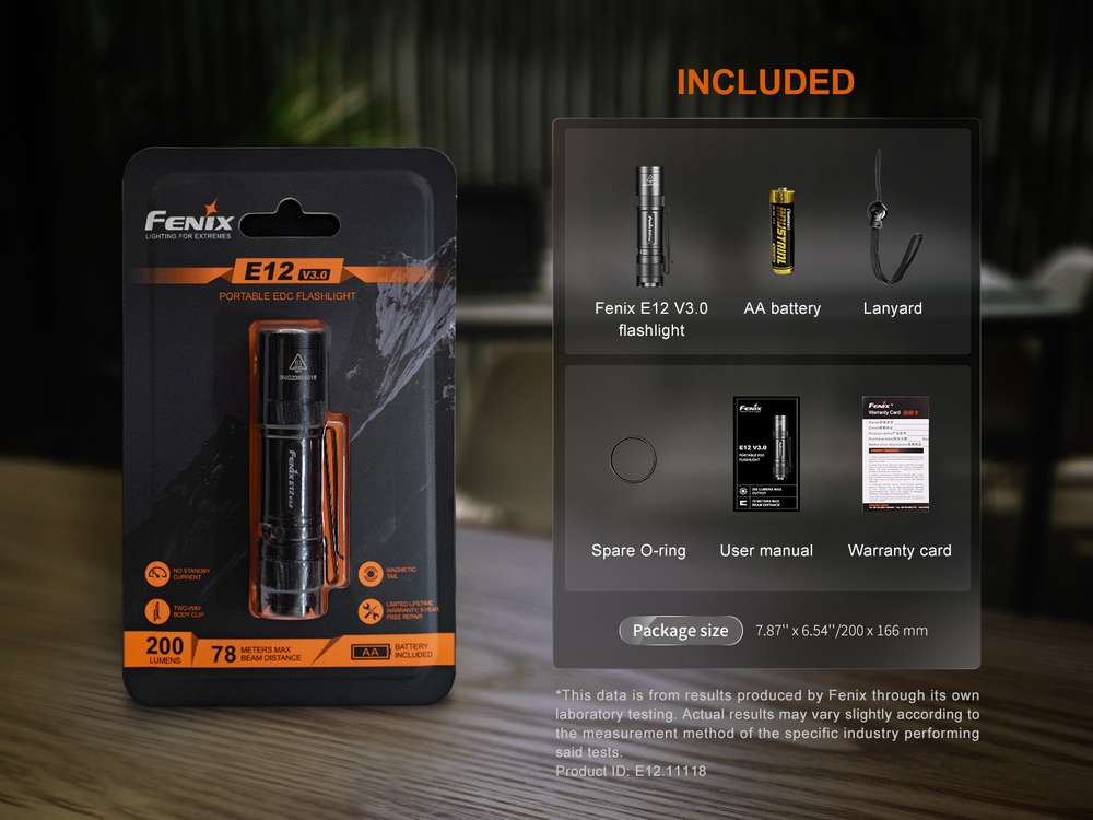 Fenix E12 V3.0 200lm 78m Flashlight Senter Mini LED Fenix ​​E12 V3.0 adalah senter EDC portabel yang ringan. Ditenagai oleh satu baterai AA, senter ini memiliki output maksimum 200 lumens dan dapat memancarkan sinar hingga 78 meter, untuk memenuhi kebutuhan pencahayaan anda. Daya baterai tidak akan dikonsumsi dalam status siaga / standby, yang menyediakan daya yang cukup untuk setiap penggunaan. Pocket clip dua arah dan ekor magnetis memungkinkan penggunaan yang nyaman dan bebas genggam. Fitur tambahan mencakup kemampuan tail standing dan perlindungan berperingkat IP68. Baik Anda sedang bekerja atau bepergian, Fenix ​​E12 V3.0 akan selalu ada untuk menerangi aktivitas anda.