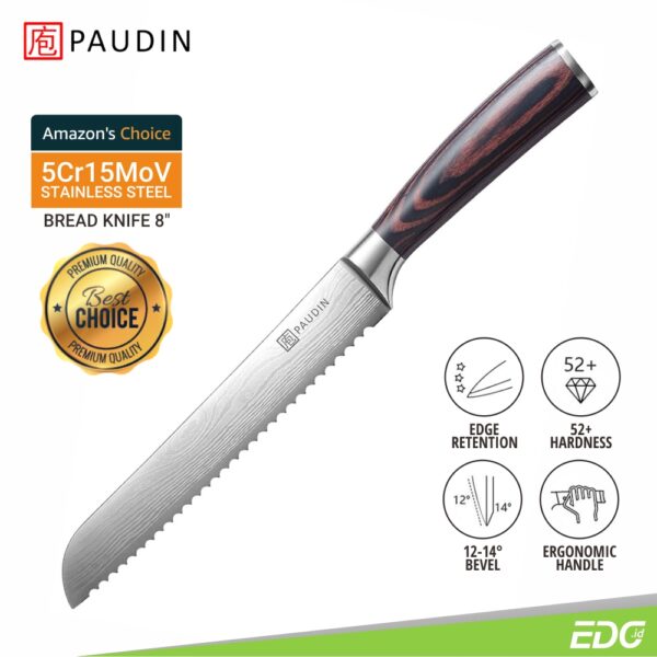 Pisau Roti Dapur Paudin N4 Premium Kitchen Bread Knife 8 Inch 5Cr15MoV Stainless Steel Pakkawood Handle + Gift Box - Image 2