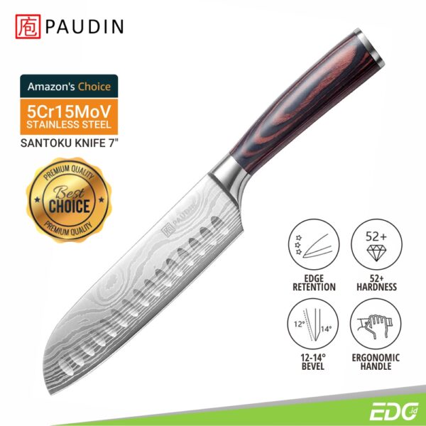 Pisau Dapur Paudin N5 Premium Kitchen Santoku Knife 7 Inch 5Cr15MoV Stainless Steel Pakkawood Handle + Gift Box Pisau Dapur Paudin N5 Premium Kitchen Santoku Knife 7 Inch 5Cr15MoV Stainless Steel Pakkawood Handle + Gift Box <ul> <li>Pisau santoku profesional: Pisau masak 7 inch ini terbuat dari 5Cr15MoV Stainless Steel, yang memiliki ketahanan karat yang tinggi dan retensi tepi yang sangat baik sehingga mudah dirawat. Tepi pisau yang tajam membuat pemotongan lebih mudah.</li> <li>Pisau dapur serbaguna: Pisau koki ini memberikan kontrol yang sangat baik untuk mengiris, memotong dan mencincang daging, sayuran, buah. Mudah untuk kembali mempertajam, membersihkan dan memelihara.</li> <li>Gagang pakkawood ergonomis: Pisau kue ini memberi Anda stabilitas dan kontrol yang pasti, penanganan yang aman selama persiapan makan, bahkan saat basah. Bentuk ergonomis memungkinkan keseimbangan yang tepat antara pegangan dan bilah tipis, memastikan kemudahan gerakan.</li> <li>Desain terbaik: Bilah pisau bahan premium 5Cr15Mov stainless steel, dengan laser engraving pola damascus.</li> </ul>