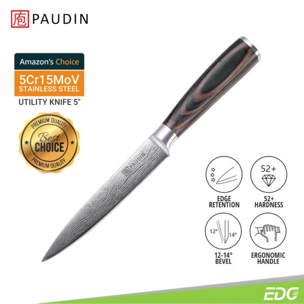 Pisau Dapur Paudin N7 Premium Kitchen Utility Knife 5 Inch 5Cr15MoV Stainless Steel Pakkawood Handle + Gift Box Pisau Dapur Paudin N7 Premium Kitchen Utility Knife 5 Inch 5Cr15MoV Stainless Steel Pakkawood Handle + Gift Box <ul> <li>Pisau dapur multifungsi: Pisau kecil ini adalah pisau dapur serbaguna. Pisau utilitas ini cukup gesit untuk hampir semua jenis pemotongan dan pengirisan, mudah untuk diasah ulang, dibersihkan dan dirawat. Ini benar-benar pisau yang ideal untuk setiap Rumah atau Koki Profesional.</li> <li>Kualitas premium: Pisau utility klasik ini terbuat dari stainless steel berkualitas tinggi. Dan inti pemotongan mencapai 56+ Kekerasan Rockwell. Dan bilahnya yang tajam akan memungkinkan anda memotong makanan dengan mudah untuk waktu yang lama, dan pisau diasah dengan halus untuk ketajaman yang tahan lama.</li> <li>Gagang pakkawood ergonomis: Pisau kue ini memberi anda stabilitas dan kontrol yang pasti, penanganan yang aman selama persiapan makan, bahkan saat basah. Bentuk ergonomis memungkinkan keseimbangan yang tepat antara pegangan dan bilah tipis, memastikan kemudahan gerakan.</li> <li>Desain terbaik: Bilah pisau bahan premium 5Cr15Mov stainless steel, dengan laser engraving pola damascus.</li> </ul>