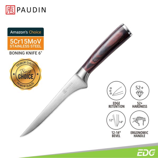 Pisau Dapur Paudin N10 Premium Kitchen Boning Knife 6 Inch 5Cr15MoV Stainless Steel Pakkawood Handle + Gift Box Pisau Dapur Paudin N10 Premium Kitchen Boning Knife 6 Inch 5Cr15MoV Stainless Steel Pakkawood Handle + Gift Box <ul> <li>Razor sharp blade: Pisau boning kami terbuat dari premium 5Cr15MoV stainless steel kualitas tinggi, untuk membuat umur pisau deboning lebih lama.</li> <li>Pisau pemotong serbaguna: Baik anda berada di dalam maupun di luar ruangan, pisau koki ini dapat dengan mudah dioperasikan. Anda dapat menggunakannya untuk memotong daging, memisahkan iga, atau bahkan menguliti. Pisau fillet fleksibel ini adalah pilihan yang baik untuk dapur, barbekyu, berkemah, berburu atau hiking.</li> <li>Gagang pakkawood ergonomis: Pisau kue ini memberi anda stabilitas dan kontrol yang pasti, penanganan yang aman selama persiapan makan, bahkan saat basah. Bentuk ergonomis memungkinkan keseimbangan yang tepat antara pegangan dan bilah tipis, memastikan kemudahan gerakan.</li> <li>Desain terbaik: Bilah pisau bahan premium 5Cr15Mov stainless steel, dengan laser engraving pola damascus.</li> </ul>