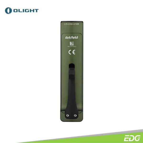 Olight Arkfeld OD Green 1000lm 101m CW + Green Laser Pointer Flashlight Senter LED Rechargeable Olight Arkfeld CW (Cool White 5700 – 6700K) is the first dual light source and portable EDC Flashlight at Olight. 5 brightness levels as well as a memory function that allow you to select what you like with one single click. An amazing max 1,000 lumens output is able to light up  every corner you can see. The green laser, a good helper when making a presentation or amusing your pets, is featured in the  flashlight as well. The creative switch design (Central Button & Selector) is both practical and beautiful. Besides, the magnetic  charging cable enables you to have it charged automatically. Last but not least, the flashlight is flat and features a clip, so it is easy  to carry (3.07oz in weight and 0.59in in thickness)—It can be clamped onto your pockets and shirts even without noticing its  existence. With great design plus multiple lighting functions, Arkfeld can be a second-to-none choice for EDC flashlight.