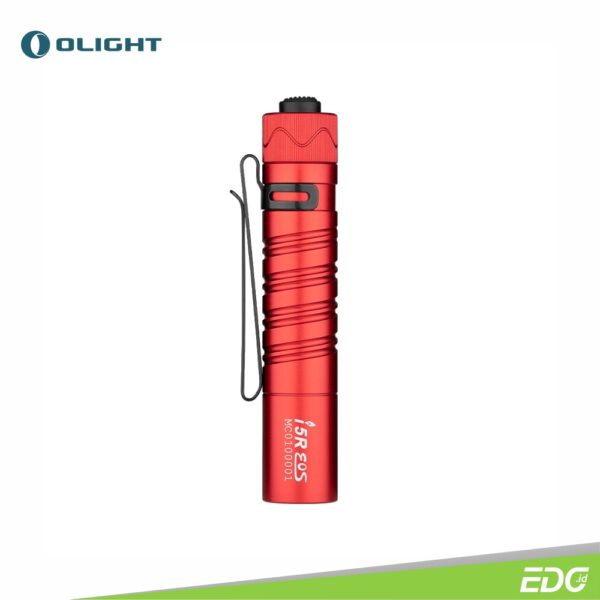 Olight i5R EOS Red 350lm 64m Flashlight LSenter ED Olight i5R EOS Red is the rechargeable version of i5T EOS, one of our most popular tail-switch EDC flashlights. It adopts a customized 1420mAh Li-ion battery with an integrated USB Type-C interface for charging. The high-performance LED, paired with a PMMA lens, produces a soft and balanced beam up to 350 lumens. Like the i5T EOS, it features a tail switch, aerospace grade aluminum alloy body, unique double helix knurling, and a two-way pocket clip. The i5R is the perfect upgrade with higher performance and a rechargeable design.