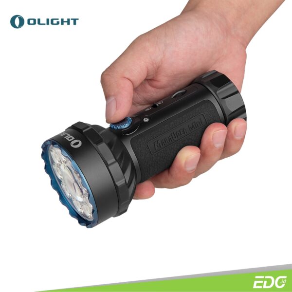 Olight Maraսder Mini Black 7000lm 600m Flashlight + RGB Senter LED Olight Marauder mini is a miniature version of Olight’s Marauder series of flashlights. It’s a powerful rechargeable dual beam LED flashlight with both flood and throw. Following the Marauder 2’s lens design and composed of 9 LEDs surrounding the center, it enables seven brightness levels that provide 200-7000 lumens. A large round LED has been added to the center, offering a 600-meter spotlight beam. Three RGB color LEDs are uniformly distributed around the converging lens. The toggle switch in the middle of the body allows quick access to select either spotlight or floodlight, while the upper rotary knob is intuitive to adjust brightness levels. The flashlight features a thermal sensor that automatically downshifts the light to achieve a body temperature below 50 degrees when there is continuous high output use.