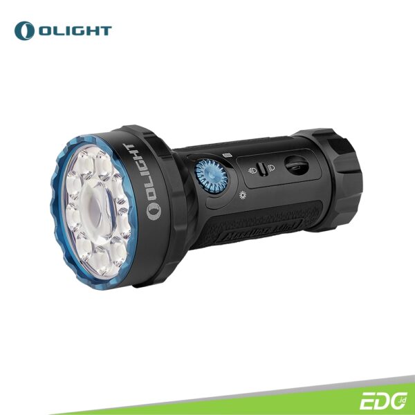 Olight Maraսder Mini Black 7000lm 600m Flashlight + RGB Senter LED Olight Marauder mini is a miniature version of Olight’s Marauder series of flashlights. It’s a powerful rechargeable dual beam LED flashlight with both flood and throw. Following the Marauder 2’s lens design and composed of 9 LEDs surrounding the center, it enables seven brightness levels that provide 200-7000 lumens. A large round LED has been added to the center, offering a 600-meter spotlight beam. Three RGB color LEDs are uniformly distributed around the converging lens. The toggle switch in the middle of the body allows quick access to select either spotlight or floodlight, while the upper rotary knob is intuitive to adjust brightness levels. The flashlight features a thermal sensor that automatically downshifts the light to achieve a body temperature below 50 degrees when there is continuous high output use.