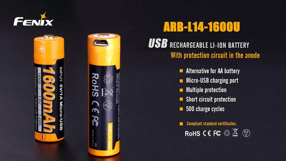 Fenix ARB-L14-1600U Battery 14500 1.5V 1600 mAh Rechargeable Micro USB Fenix ​​ARB-L14-1600U adalah baterai lithium-ion 1600mAh 14500 1,5V yang dirancang khusus untuk penggunaan pada unit senter dan merupakan battery yang sesuai untuk semua model Fenix ​​saat ini yang kompatibel dengan baterai AA 1,5 volt. Fenix ​​ARB-L14-1600U dapat diisi ulang melalui port micro usb. Kabel (tidak termasuk) dapat dicolokkan langsung ke lubang port pada fisik baterai, sangat praktis. Baterai Fenix ​​ARB-L14 1600U dilengkapi indikator LED untuk status pengisian daya.
