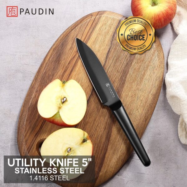 Pisau Dapur Paudin RC4 Premium Kitchen Utility Knife 5 Inch 1.4116 StainlessSteel Stainless Steel Handle + Gift Box Pisau Dapur Paudin RC4 Premium Kitchen Utility Knife 5 Inch 1.4116 StainlessSteel Stainless Steel Handle + Gift Box <strong>High Carbon Steel:</strong> This utility knife is made of 1.4116 stainless steel with 56+ Rockwell hardness. It is rust-resistance, durable and long lasting on quality. <strong>Ultra Sharp Blade:</strong> The double-bevel edge with 15 degrees for best sharpness and edge retention. The blade is wide at 1.18 inch which makes cutting more effortless and comfortable. It is non-sticking and easy to clean. <strong>Ergonomic Hollow Handle:</strong> The handle of the fruit knife is ergonomic, maintaining the perfect balance at pinch point, it is comfortable and effortless as while using. <strong>Swedish Design:</strong> The kitchen knife was designed by the Swedish. The style is modern and simplicity.