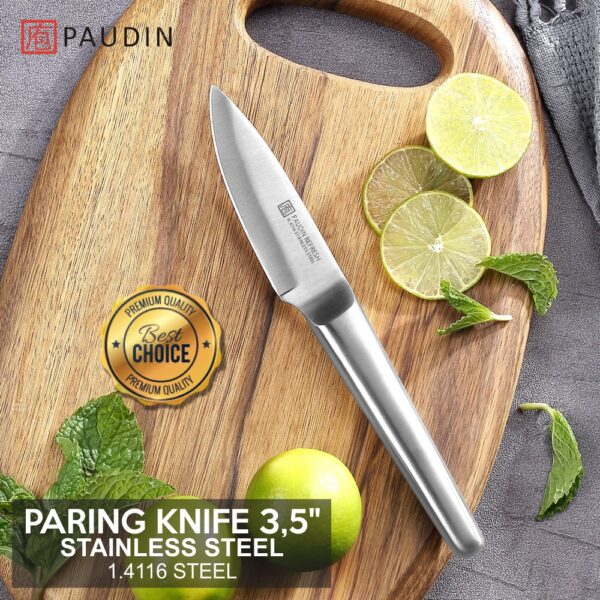 Pisau Dapur Paudin R5 Premium Kitchen Paring Knife 3.5 Inch StainlessSteel Stainless Steel Handle + Gift Box Pisau Dapur Paudin R5 Premium Kitchen Paring Knife 3.5 Inch StainlessSteel Stainless Steel Handle + Gift Box <strong>High Carbon Steel:</strong> This paring knife is made of 1.4116 stainless steel with 56+ Rockwell hardness. It is rust-resistance, durable and long lasting on quality. <strong>Ultra Sharp Blade:</strong> The double-bevel edge with 15 degrees for best sharpness and edge retention. The blade is wide at 1.18 inch which makes cutting more effortless and comfortable. It is non-sticking and easy to clean. Ergonomic Hollow Handle: The handle of the fruit knife is ergonomic, maintaining the perfect balance at pinch point, it is comfortable and effortless as while using. <strong>Swedish Design:</strong> The kitchen knife was designed by the Swedish. The style is modern and simplicity.