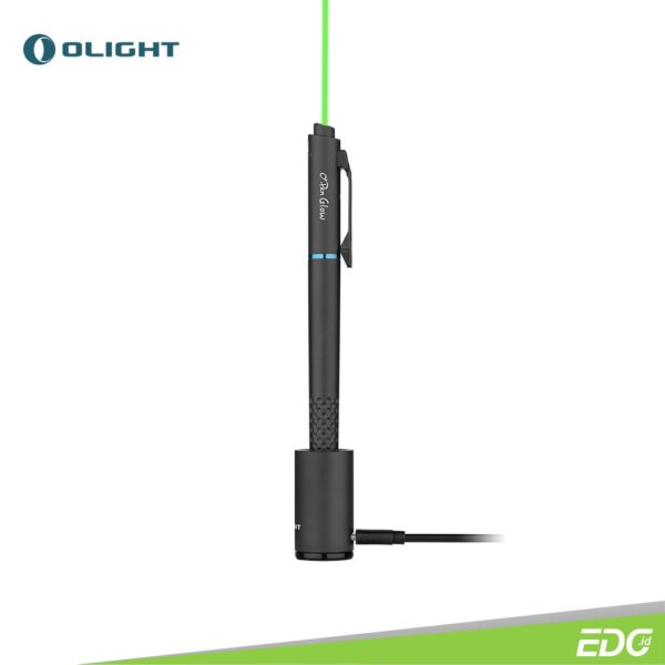 Olight Open Glow 120lm + Green Laser Pointer Senter Rechargeable Black Olight Open Glow with a maximum output of 120 lumens, this light is perfect for quick reading at night or illuminating tight spaces at your job. L-type bolt action design with an integrated switch allows fast access to the pen itself or to the light's various outputs. The specialized USB-C charging base lets you quickly recharge by simply placing the pen directly into it. The pen tip LED provides a super-low output option of 0.2 lumens for highly controlled lighting. The green laser beam emitter is perfect for pointing out specific details in presentations or in dark work spaces.