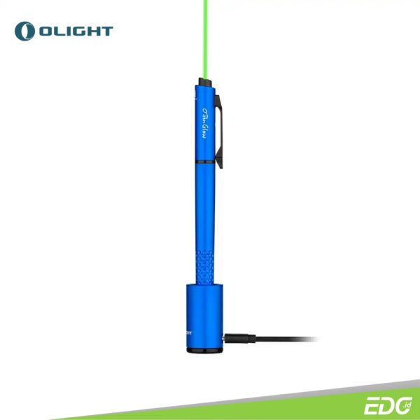 Olight Open Glow 120lm + Green Laser Pointer Senter Penlight Rechargeable Blue Olight Open Glow with a maximum output of 120 lumens, this light is perfect for quick reading at night or illuminating tight spaces at your job. L-type bolt action design with an integrated switch allows fast access to the pen itself or to the light's various outputs. The specialized USB-C charging base lets you quickly recharge by simply placing the pen directly into it. The pen tip LED provides a super-low output option of 0.2 lumens for highly controlled lighting. The green laser beam emitter is perfect for pointing out specific details in presentations or in dark work spaces.