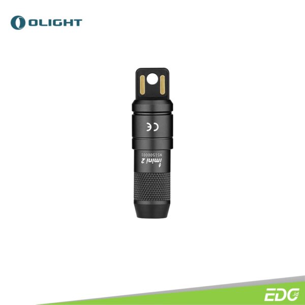 Olight imini 2 Black 50lm Rechargeable Flashlight Senter Mini LED Olight imini 2 powered by one 10180 fast charging lithium battery, it produces an impressive output of 50 lumens and can be directly charged using the integrated USB plug on the magnetic cap. To activate the light, just pop it off the cap. The magnetic base allows you to attach the light to iron surfaces for hands-free use. Quick, convenient, and stylish, the imini 2 is the ideal choice for your EDC use.