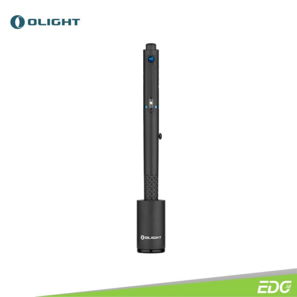 Olight Open Glow 120lm + Green Laser Pointer Senter Rechargeable Black Olight Open Glow with a maximum output of 120 lumens, this light is perfect for quick reading at night or illuminating tight spaces at your job. L-type bolt action design with an integrated switch allows fast access to the pen itself or to the light's various outputs. The specialized USB-C charging base lets you quickly recharge by simply placing the pen directly into it. The pen tip LED provides a super-low output option of 0.2 lumens for highly controlled lighting. The green laser beam emitter is perfect for pointing out specific details in presentations or in dark work spaces.