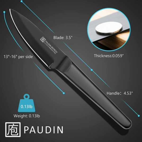Pisau Dapur Paudin RC5 Premium Kitchen Paring Knife 3.5 Inch 1.4116 StainlesSteel Stainless Steel Handle + Gift Box Pisau Dapur Paudin RC5 Premium Kitchen Paring Knife 3.5 Inch 1.4116 StainlesSteel Stainless Steel Handle + Gift Box <strong>High Carbon Steel:</strong> This paring knife is made of 1.4116 stainless steel with 56+ Rockwell hardness. It is rust-resistance, durable and long lasting on quality. <strong>Ultra Sharp Blade:</strong> The double-bevel edge with 15 degrees for best sharpness and edge retention. The blade is wide at 1.18 inch which makes cutting more effortless and comfortable. It is non-sticking and easy to clean. <strong>Ergonomic Hollow Handle:</strong> The handle of the fruit knife is ergonomic, maintaining the perfect balance at pinch point, it is comfortable and effortless as while using. <strong>Swedish Design:</strong> The kitchen knife was designed by the Swedish. The style is modern and simplicity.