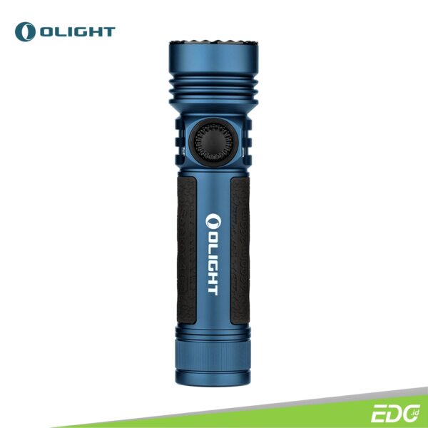 Olight Seeker 4 Pro Midnight Blue 4600lm 260m Rechargeable Flashlight Senter LED Olight Seeker 4 Pro cool white (5700K~7000K) features an incredible max output of 4,600 lumens and a 260-meter beam distance. This is a 400-lumen increase from the previous Seeker 3 Pro by implementing higher circuit efficiency, without compromising the runtime with its included 5,000mAh 21700 battery. The enlarged metal side switch offers improved rotational grip and a much smoother stepless dimming experience, allowing for easier operation even while wearing heavy gloves. The flashlight incorporates Laser Microperforation technology for the first time in the flashlight industry, creating small holes with a laser and resulting in a distinctive translucent dashboard display on metal. More importantly, this upgraded version comes with an industry-leading innovative holster that offers flashlight auto lock/unlock, charging, storage, and carrying options. When the flashlight is in the holster, it intelligently lowers the brightness to below 600 lumens, ensuring user safety.