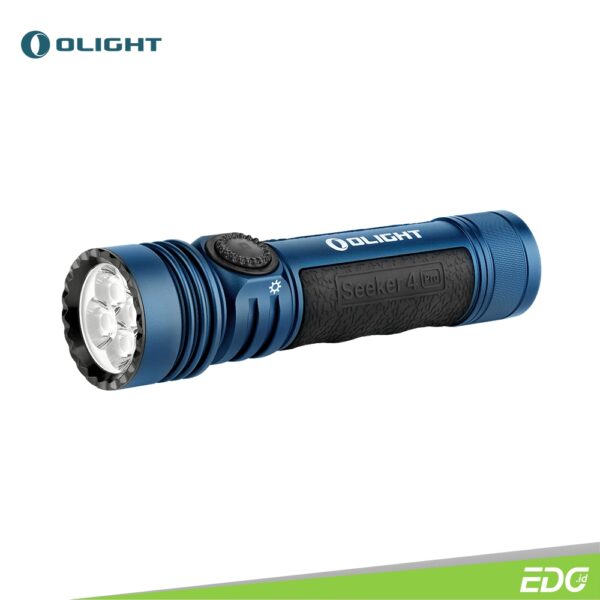 Olight Seeker 4 Pro Midnight Blue 4600lm 260m Rechargeable Flashlight Senter LED Olight Seeker 4 Pro cool white (5700K~7000K) features an incredible max output of 4,600 lumens and a 260-meter beam distance. This is a 400-lumen increase from the previous Seeker 3 Pro by implementing higher circuit efficiency, without compromising the runtime with its included 5,000mAh 21700 battery. The enlarged metal side switch offers improved rotational grip and a much smoother stepless dimming experience, allowing for easier operation even while wearing heavy gloves. The flashlight incorporates Laser Microperforation technology for the first time in the flashlight industry, creating small holes with a laser and resulting in a distinctive translucent dashboard display on metal. More importantly, this upgraded version comes with an industry-leading innovative holster that offers flashlight auto lock/unlock, charging, storage, and carrying options. When the flashlight is in the holster, it intelligently lowers the brightness to below 600 lumens, ensuring user safety.