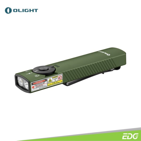 Olight Arkfeld Pro OD Green 3R CW 1300lm Rechargeable Flashlight Senter LED+ UV+ Green Laser Arkfeld PRO is a portable EDC flashlight that offers three different light sources: white light, green laser, and UV. It features a high-performance LED that can reach a maximum brightness of 1300 lumens. With the inclusion of a 520nm green laser module and a UV light, this product expands its range of applications significantly. Switching between the three lighting modes is a breeze thanks to the circular selector, which allows users to effortlessly toggle between them with a simple flick. Monitoring battery usage is made easy with the intuitive battery indicator. Additionally, the tail of the flashlight is equipped with a magnetic charging module that supports MCC charging. It can conveniently attach to metal surfaces, providing illumination wherever you need it.