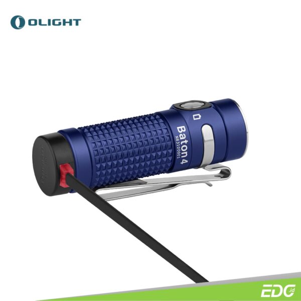 Olight Baton 4 Regal Blue 1300lm 170m Rechargeable Flashlight Senter Mini LED Olight Baton 4 is the upgraded version of Olight's popular Baton 3. Equipped with a high-performance LED and TIR lens for a soft and balanced beam, this extremely compact light delivers an incredible maximum beam of 1,300 lumens, reaching up to 170 meters.The flashlight features a laser micro-perforated indicator that intuitively shows the remaining brightness and battery life. It is powered by a customized rechargeable 650mAh lithium-ion battery and can last up to 30 days in Moonlight mode. The upgraded anti-slip texture looks exquisite and enhances grip. The Baton 4 is the ultimate pocket light in terms of performance and convenience.