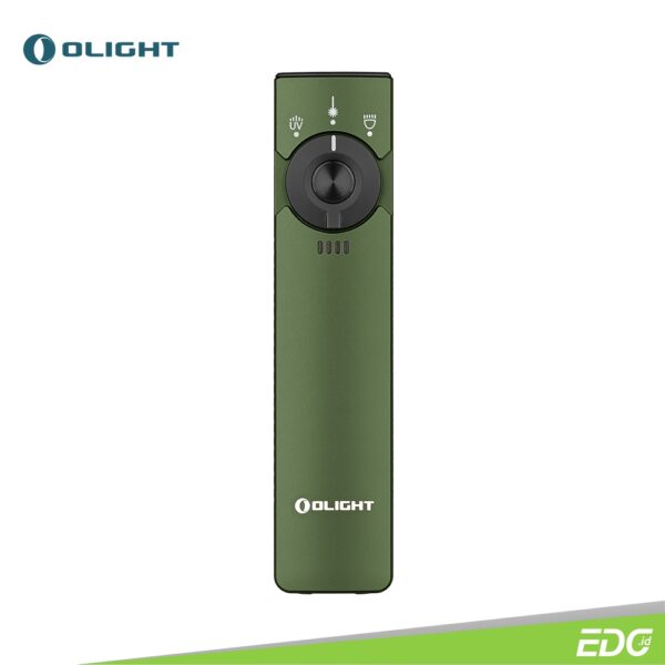 Olight Arkfeld Pro OD Green 3R CW 1300lm Rechargeable Flashlight Senter LED+ UV+ Green Laser Arkfeld PRO is a portable EDC flashlight that offers three different light sources: white light, green laser, and UV. It features a high-performance LED that can reach a maximum brightness of 1300 lumens. With the inclusion of a 520nm green laser module and a UV light, this product expands its range of applications significantly. Switching between the three lighting modes is a breeze thanks to the circular selector, which allows users to effortlessly toggle between them with a simple flick. Monitoring battery usage is made easy with the intuitive battery indicator. Additionally, the tail of the flashlight is equipped with a magnetic charging module that supports MCC charging. It can conveniently attach to metal surfaces, providing illumination wherever you need it.